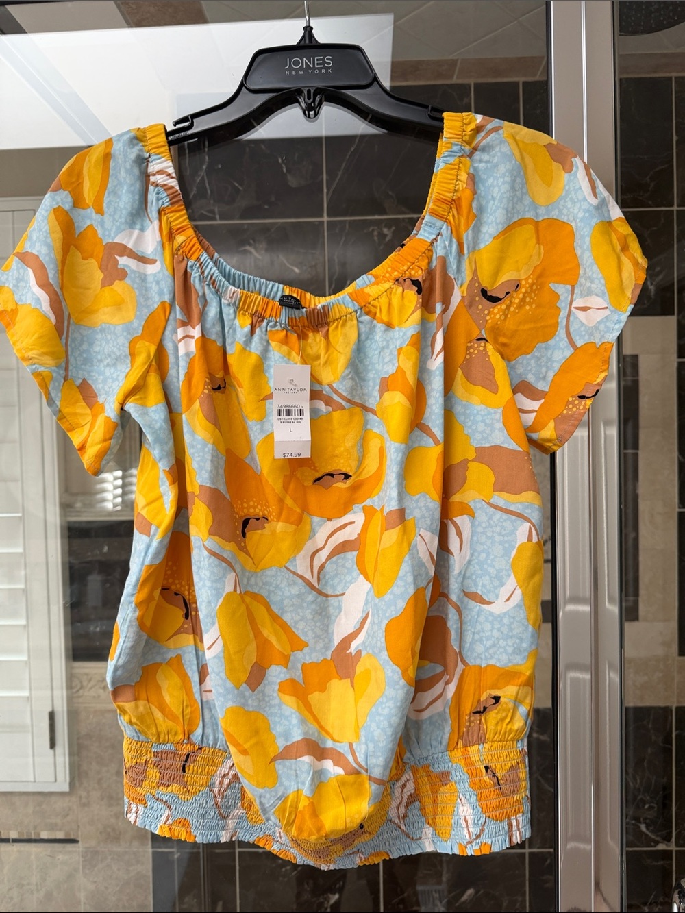 Ann Taylor Factory Yellow Floral Puff-Sleeve Blouse on Light Blue